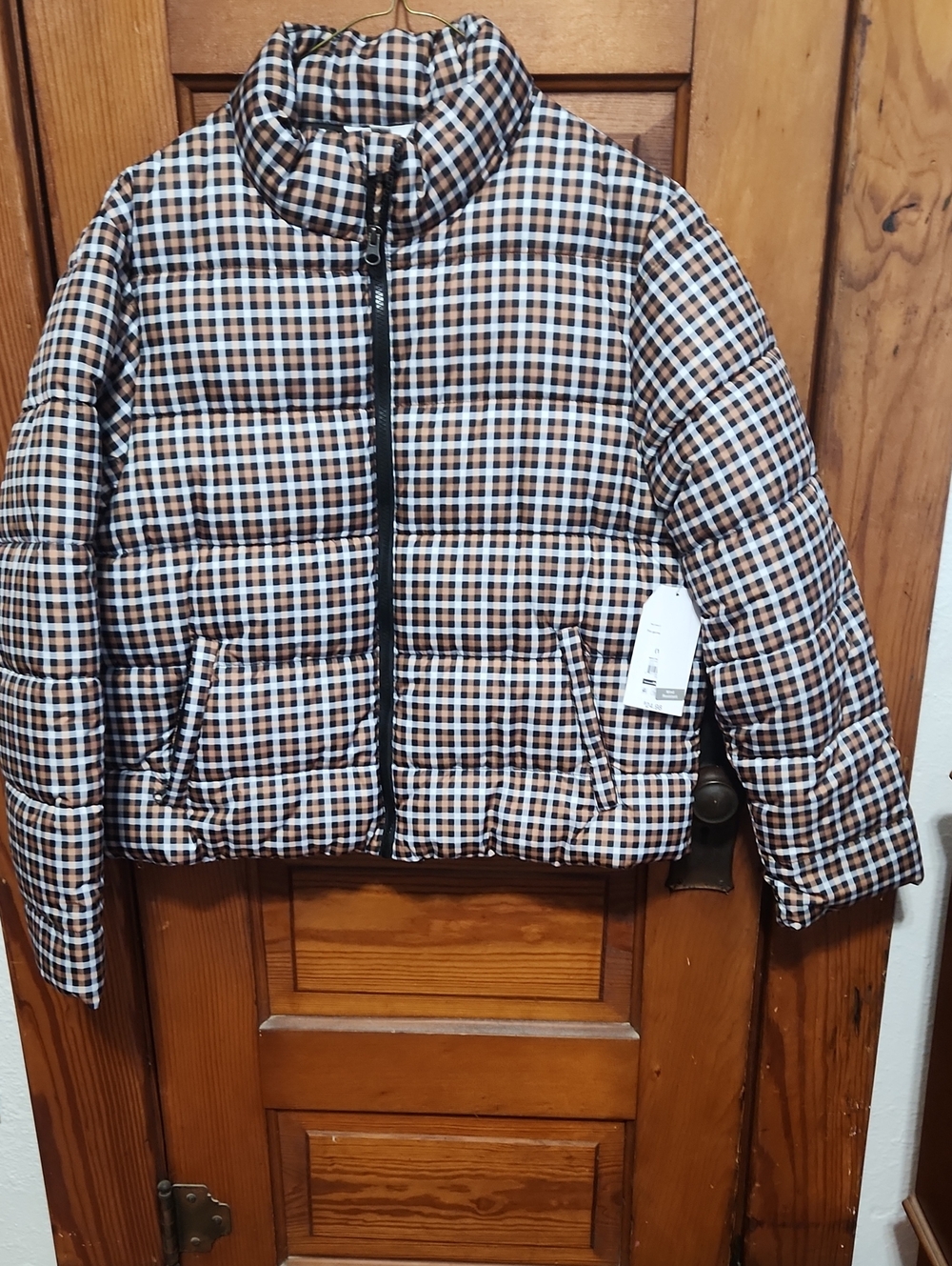 Time and Tru Brown, Black & White Plaid Puffer Jacket
